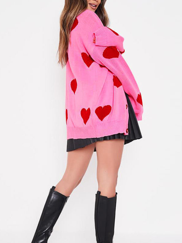 Blue Zone Planet | Love flower mid-length V-neck jacket loose casual knitted cardigan kakaclo