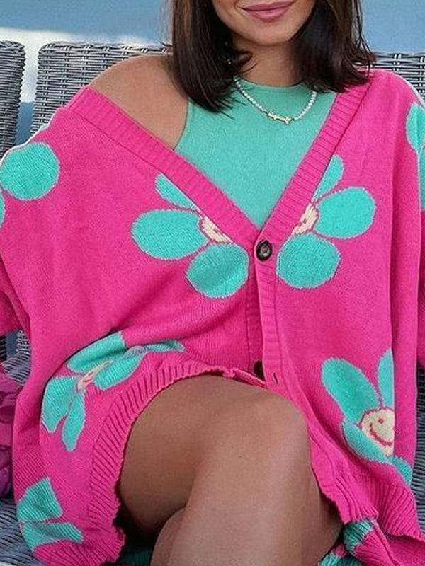 Blue Zone Planet | Love flower mid-length V-neck jacket loose casual knitted cardigan kakaclo