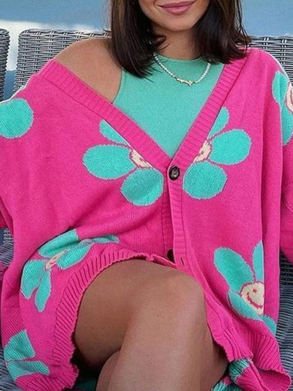 Blue Zone Planet | Love flower mid-length V-neck jacket loose casual knitted cardigan kakaclo