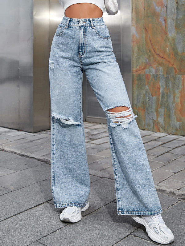 Blue Zone Planet | Women's Fashion ripped high waist wide leg casual denim trousers kakaclo