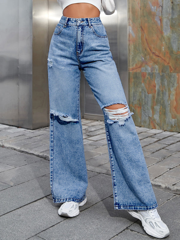 Blue Zone Planet | Women's Fashion ripped high waist wide leg casual denim trousers kakaclo