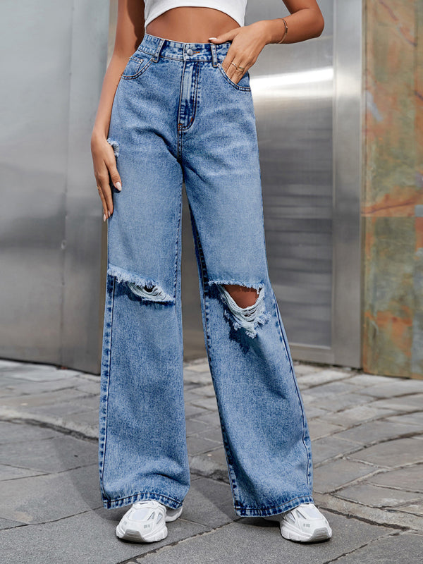 Blue Zone Planet | Women's Fashion ripped high waist wide leg casual denim trousers kakaclo