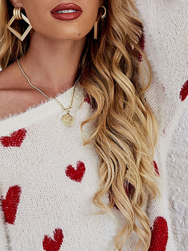 Valentine's Knitted Heart Round Neck Long Sleeve Sweater kakaclo