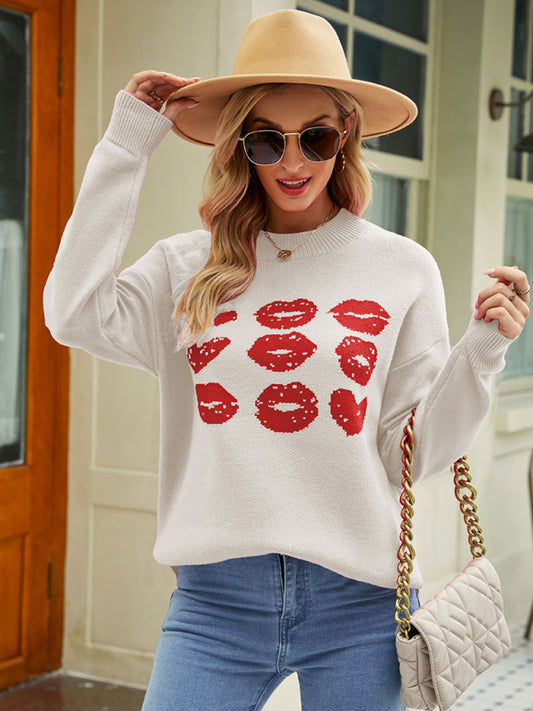 Valentine's Knitwear Girl Heart Lips Loose Sweater kakaclo