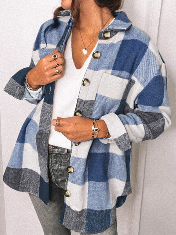 Plaid Shirt Breasted Pocket Jacket Women kakaclo