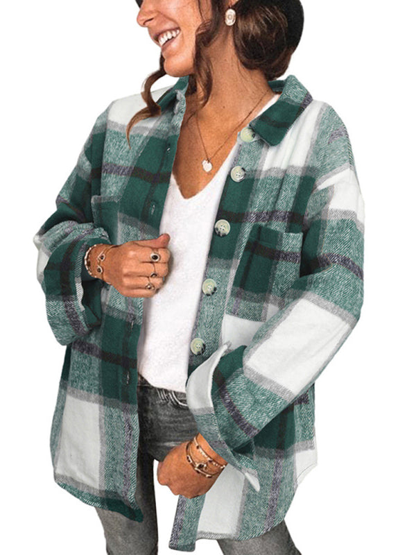 Plaid Shirt Breasted Pocket Jacket Women kakaclo