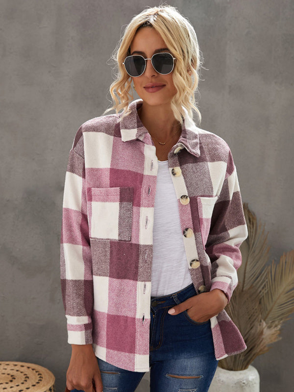 Plaid Shirt Breasted Pocket Jacket Women kakaclo