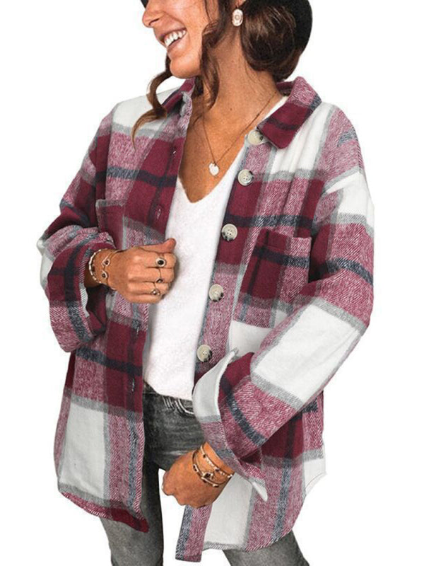 Plaid Shirt Breasted Pocket Jacket Women kakaclo