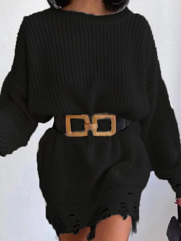 solid color crew neck ripped sweater dress BLUE ZONE PLANET