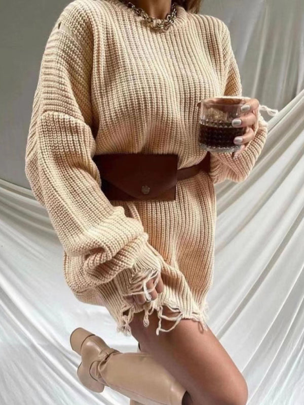 solid color crew neck ripped sweater dress BLUE ZONE PLANET