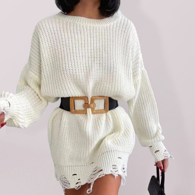solid color crew neck ripped sweater dress BLUE ZONE PLANET