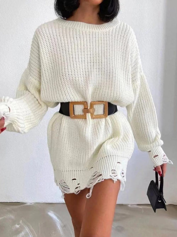 solid color crew neck ripped sweater dress BLUE ZONE PLANET