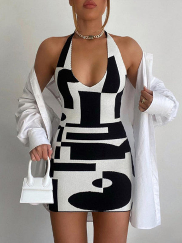 Blue Zone Planet | Contrasting Color Halter Neck Backpack Hip Dress BLUE ZONE PLANET