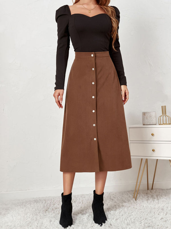 Corduroy Skirt Single Breasted High Waisted Skirt kakaclo
