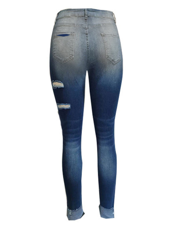 Blue Zone Planet | Stretch ripped denim trousers washed skinny feet tight buttocks fashion jeans for women kakaclo
