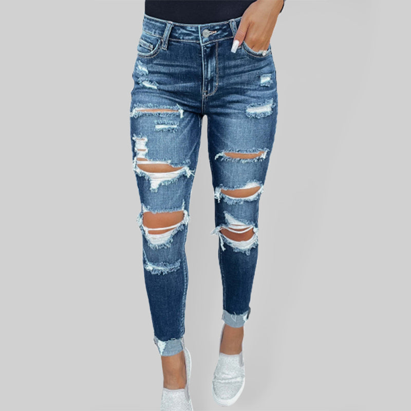Blue Zone Planet | Stretch ripped denim trousers washed skinny feet tight buttocks fashion jeans for women kakaclo