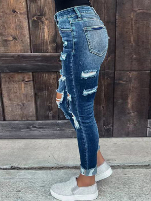 Blue Zone Planet | Stretch ripped denim trousers washed skinny feet tight buttocks fashion jeans for women kakaclo