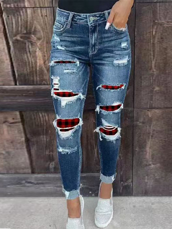 Blue Zone Planet | Stretch ripped denim trousers washed skinny feet tight buttocks fashion jeans for women kakaclo