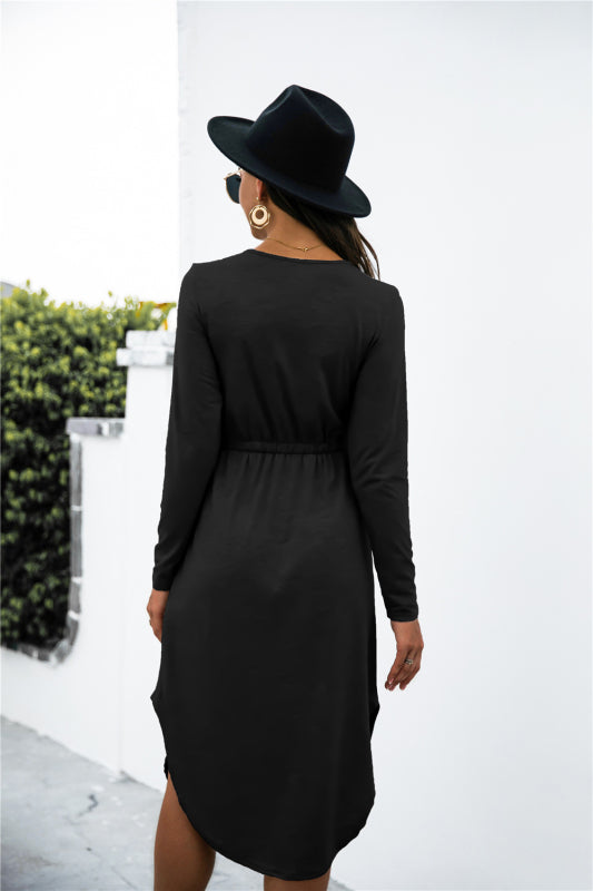 Colored cotton solid color V-neck long-sleeved tie slit dress kakaclo