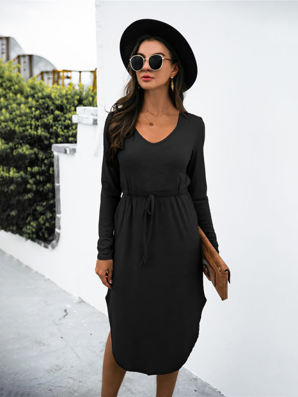 Colored cotton solid color V-neck long-sleeved tie slit dress kakaclo