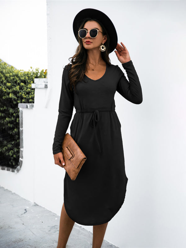Colored cotton solid color V-neck long-sleeved tie slit dress kakaclo