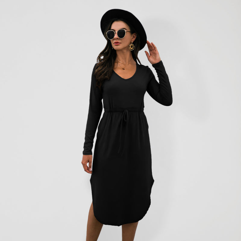 Colored cotton solid color V-neck long-sleeved tie slit dress kakaclo