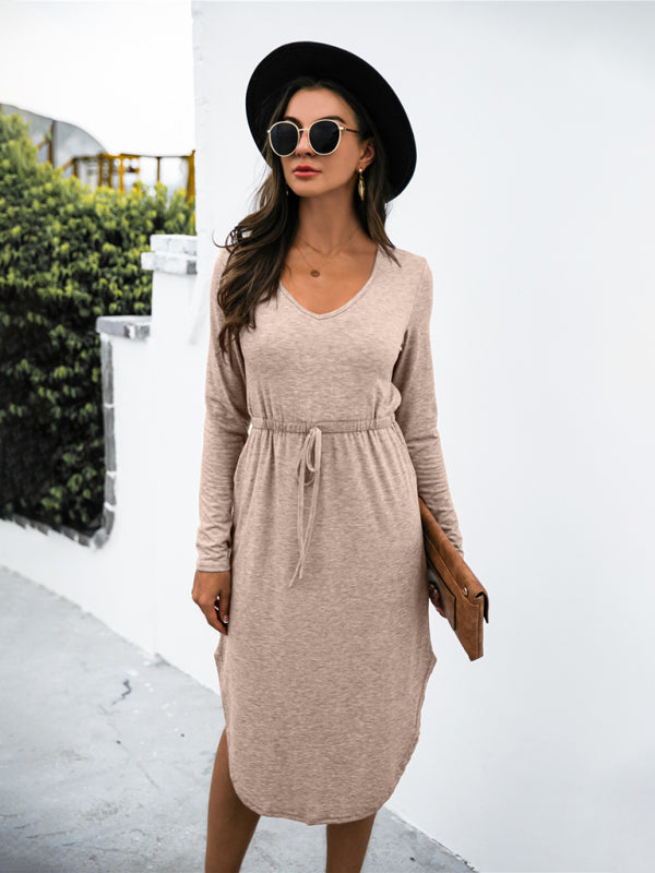 Colored cotton solid color V-neck long-sleeved tie slit dress kakaclo