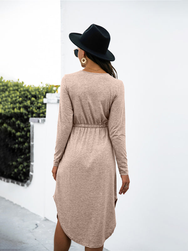 Colored cotton solid color V-neck long-sleeved tie slit dress kakaclo