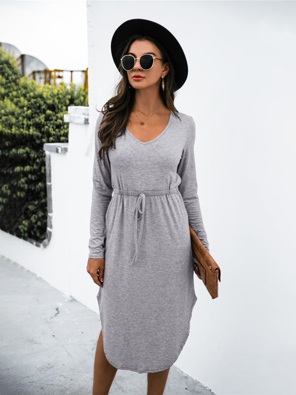 Colored cotton solid color V-neck long-sleeved tie slit dress kakaclo