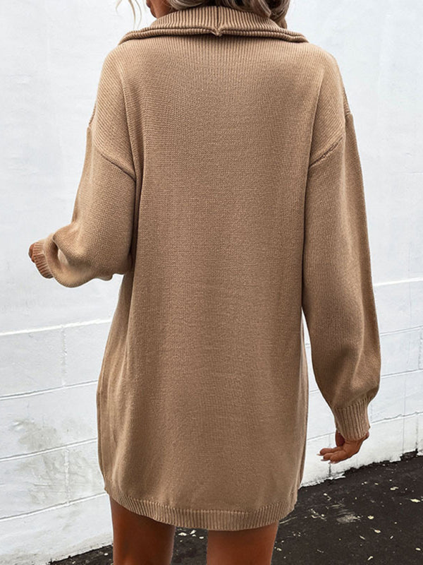 Blue Zone Planet | long sleeve half cardigan lapel collar sweater dress BLUE ZONE PLANET