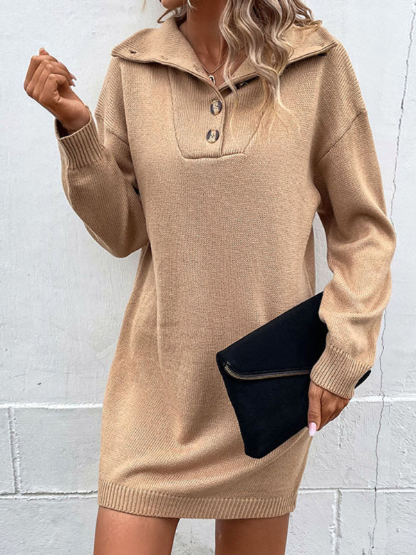 Blue Zone Planet | long sleeve half cardigan lapel collar sweater dress BLUE ZONE PLANET
