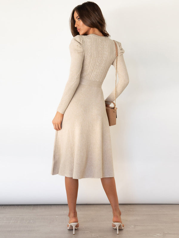 wool knitted puff sleeve high waist mid length dress BLUE ZONE PLANET