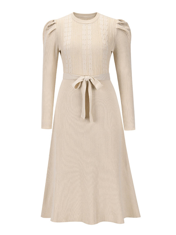 wool knitted puff sleeve high waist mid length dress BLUE ZONE PLANET