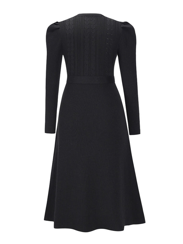 wool knitted puff sleeve high waist mid length dress BLUE ZONE PLANET
