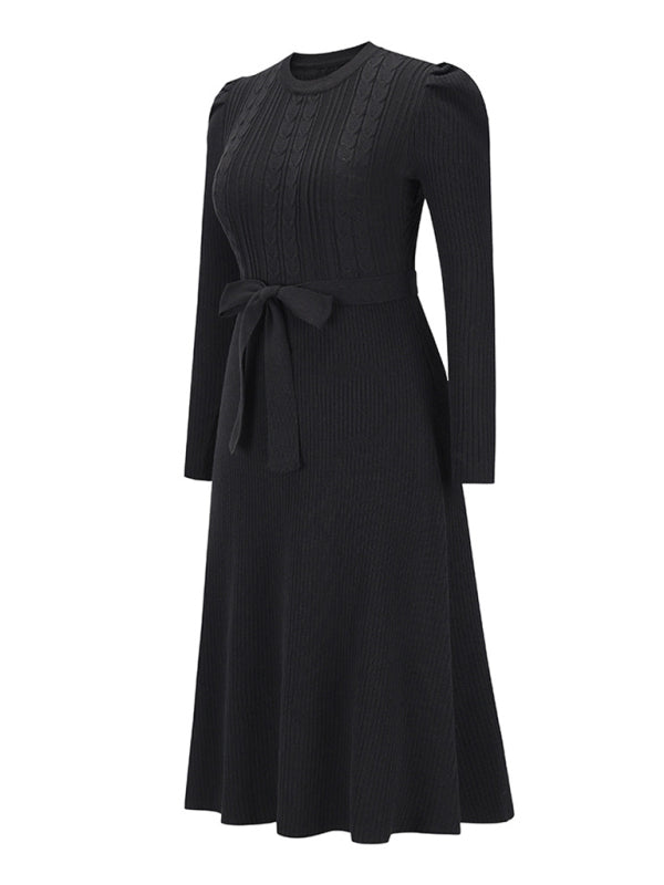 wool knitted puff sleeve high waist mid length dress BLUE ZONE PLANET