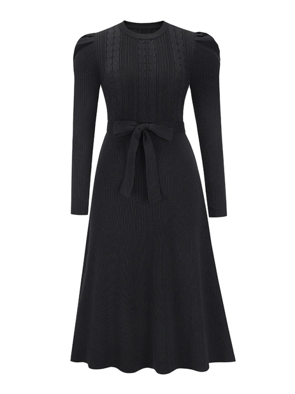 wool knitted puff sleeve high waist mid length dress BLUE ZONE PLANET