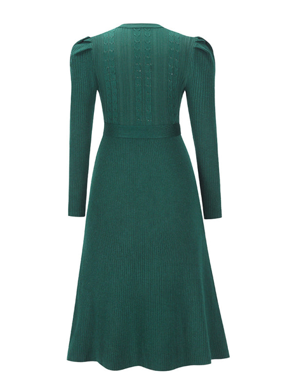 wool knitted puff sleeve high waist mid length dress BLUE ZONE PLANET