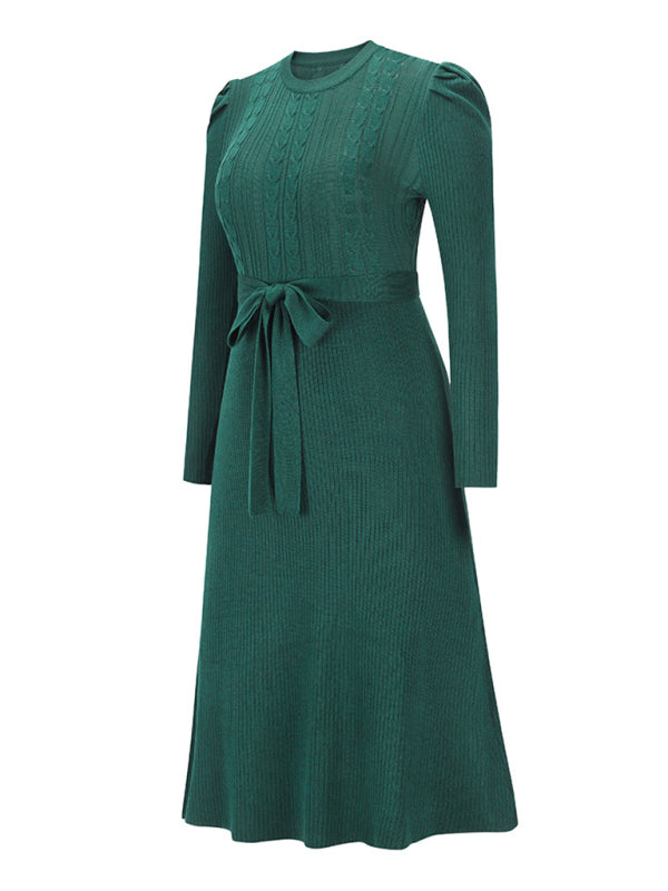 wool knitted puff sleeve high waist mid length dress BLUE ZONE PLANET