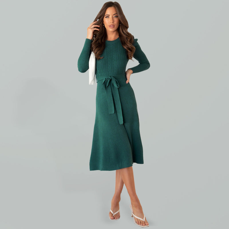 wool knitted puff sleeve high waist mid length dress BLUE ZONE PLANET