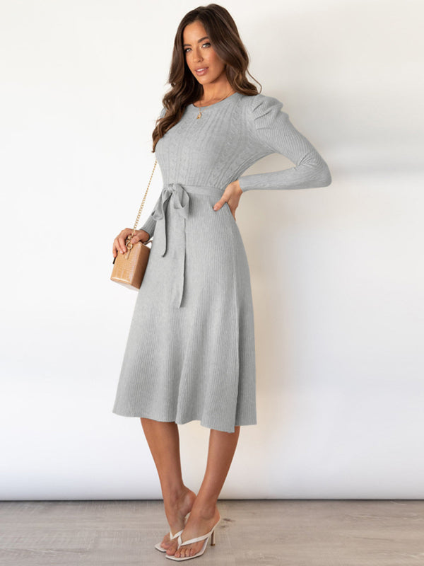 wool knitted puff sleeve high waist mid length dress BLUE ZONE PLANET