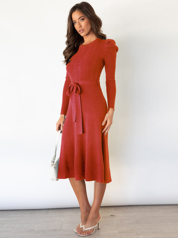 wool knitted puff sleeve high waist mid length dress BLUE ZONE PLANET
