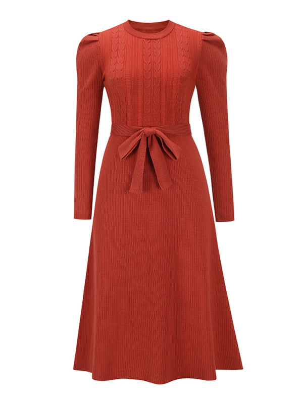 wool knitted puff sleeve high waist mid length dress BLUE ZONE PLANET