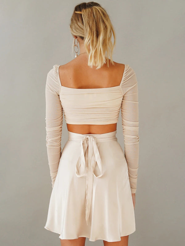 Solid Color Skirt High Waist Fashion One Piece Tie Skirt Chiffon Satin Wrap Skirt BLUE ZONE PLANET