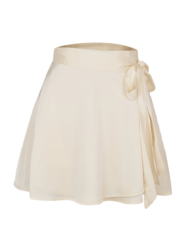 Solid Color Skirt High Waist Fashion One Piece Tie Skirt Chiffon Satin Wrap Skirt BLUE ZONE PLANET