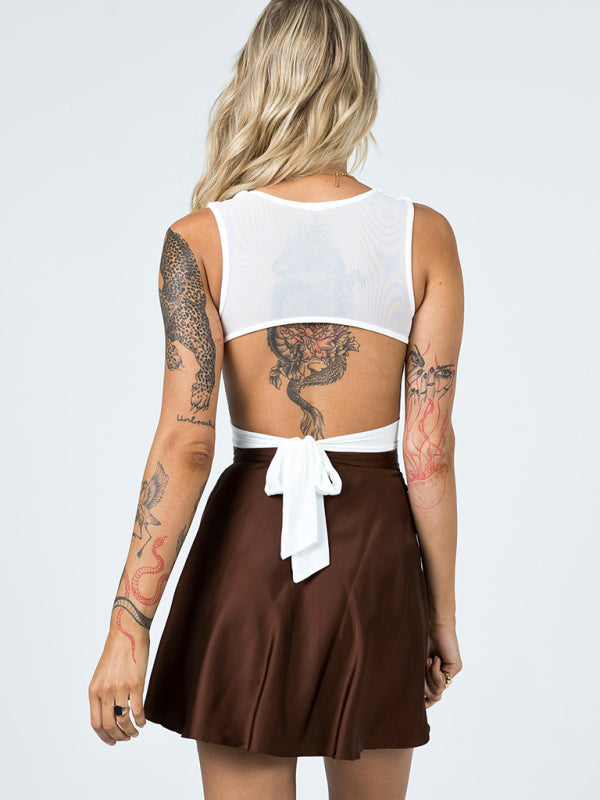 Solid Color Skirt High Waist Fashion One Piece Tie Skirt Chiffon Satin Wrap Skirt BLUE ZONE PLANET