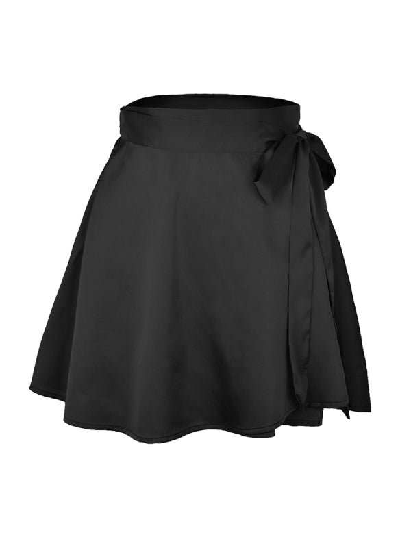 Solid Color Skirt High Waist Fashion One Piece Tie Skirt Chiffon Satin Wrap Skirt BLUE ZONE PLANET