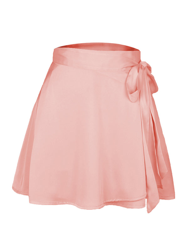 Solid Color Skirt High Waist Fashion One Piece Tie Skirt Chiffon Satin Wrap Skirt BLUE ZONE PLANET