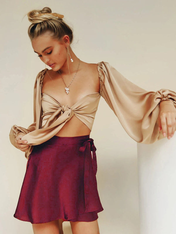 Solid Color Skirt High Waist Fashion One Piece Tie Skirt Chiffon Satin Wrap Skirt BLUE ZONE PLANET