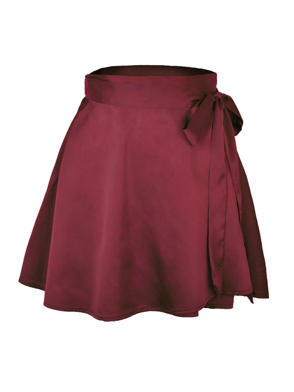 Solid Color Skirt High Waist Fashion One Piece Tie Skirt Chiffon Satin Wrap Skirt BLUE ZONE PLANET