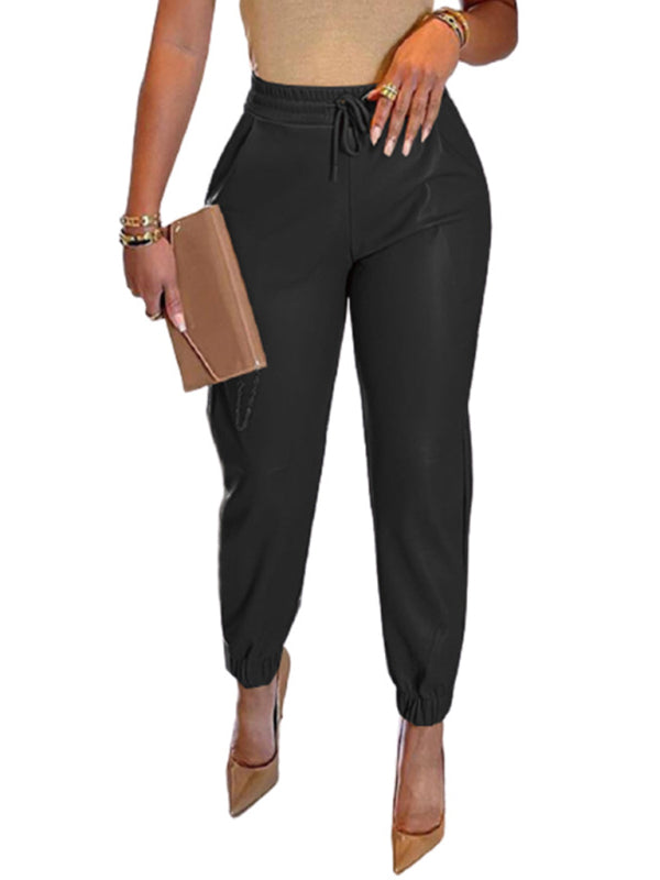 Solid Color Drawstring Pocket Leggings Leather Pants kakaclo